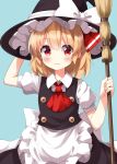  1girl apron arm_behind_head ascot black_hat black_skirt black_vest blonde_hair blue_background bow broom collared_shirt commentary_request completion_time cosplay cowboy_shot frilled_apron frilled_hat frills hair_ribbon hat hat_bow highres holding holding_broom kirisame_marisa kirisame_marisa_(cosplay) red_ascot red_eyes red_ribbon ribbon rumia ruu_(tksymkw) shirt short_hair short_sleeves simple_background skirt skirt_set solo touhou vest waist_apron white_apron white_bow white_shirt witch_hat 