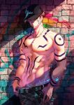  1boy abs alternate_costume baseball_cap belt black_pants clothes_pull contemporary graffiti hat highres itadori_yuuji jujutsu_kaisen large_pectorals leather_belt lemoncheese looking_at_viewer male_focus male_pubic_hair muscular muscular_male navel navel_hair nipples open_belt pants pants_pull pectorals pubic_hair pubic_hair_peek rainbow_print ryoumen_sukuna_(jujutsu_kaisen) shadow shirtless short_hair solo stomach sunlight torn_clothes torn_pants 