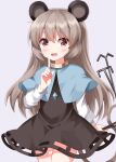  1girl :d alternate_hair_length alternate_hairstyle animal_ears black_dress blue_capelet blush capelet commentary_request completion_time cowboy_shot dowsing_rod dress grey_background grey_hair hand_up highres index_finger_raised jewelry long_hair long_sleeves looking_at_viewer mouse_ears mouse_girl nazrin necklace open_mouth red_eyes ruu_(tksymkw) shirt simple_background smile solo tail touhou white_shirt 