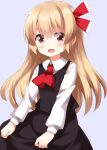  1girl :d alternate_hair_length alternate_hairstyle ascot black_skirt black_vest blonde_hair blush collared_shirt commentary_request completion_time cowboy_shot grey_background hair_ribbon highres long_hair long_sleeves looking_at_viewer open_mouth red_ascot red_eyes red_ribbon ribbon rumia ruu_(tksymkw) shirt simple_background skirt skirt_set smile solo touhou vest white_shirt 