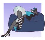 2025 andromorph_(lore) anthro bed belly belly_nipples big_belly black_hair blue_eyes blue_nipples blue_nose blue_tail_tip bottomless bottomless_anthro bottomless_male canid canine clothed clothing dansharkman digital_drawing_(artwork) digital_media_(artwork) dipstick_tail english_description eyebrow_piercing facial_markings facial_piercing fox fur furniture grey_body grey_fur hair head_markings hi_res hoodie legwear lip_piercing lip_ring lying lying_on_bed male mammal markings mask_(marking) multi_nipple navel nipples on_back on_bed outie_navel pattern_clothing pattern_legwear pattern_thigh_highs piercing pregnant pregnant_anthro pregnant_male raised_clothing raised_hoodie raised_topwear removing_socks ring_piercing river_(phantompackmate) solo striped_clothing striped_legwear striped_thigh_highs stripes struggling tail tail_markings thigh_highs topwear white_body white_fur