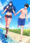  1boy 1girl abs absurdres amamiya_ren black_hair blue_eyes blue_hair blush breasts fire_emblem fire_emblem_awakening fire_emblem_cipher gladiator_sandals grin groin hair_between_eyes highres holding_hands kaos_art long_hair looking_at_viewer lucina_(fire_emblem) navel persona persona_5 sandals short_hair shorts simple_background smile sunlight super_smash_bros. swimsuit tiara 