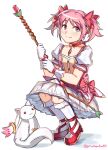  1girl bow bow_(weapon) choker closed_mouth commentary dress eyebrows_visible_through_hair full_body gloves graysheartart hair_bow highres holding holding_bow_(weapon) holding_weapon kaname_madoka kneehighs kyubey looking_at_viewer magical_girl mahou_shoujo_madoka_magica petticoat pink_bow pink_choker pink_dress pink_eyes pink_hair puffy_short_sleeves puffy_sleeves red_footwear shoes short_hair short_sleeves simple_background skirt smile solo soul_gem squatting twintails twitter_username weapon white_background white_gloves white_legwear white_skirt 