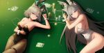  2girls absurdres animal_ear_fluff animal_ears black_halo black_leotard black_pantyhose blue_archive blue_eyes blue_halo breasts card cleavage cross_hair_ornament fake_animal_ears grey_hair hair_ornament halo highres le_b2772 leotard long_hair medium_breasts multiple_girls pantyhose parted_lips playboy_bunny playing_card poker_chip rabbit_ears shiroko_(blue_archive) shiroko_terror_(blue_archive) short_hair thigh_strap white_leotard wolf_ears wolf_girl wrist_cuffs 