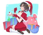  1girl absurdres alternate_costume belt black_hair boots breasts brown_belt cake capelet christmas_present cleavage closed_mouth commentary dress eating english_commentary food food_in_mouth from_behind fur-trimmed_boots fur-trimmed_capelet fur-trimmed_dress fur-trimmed_headwear fur_trim gift gloves hakimen hat highres holding hololive knee_boots looking_at_viewer medium_breasts oozora_subaru pom_pom_(clothes) red_capelet red_dress red_gloves red_hat red_thighhighs santa_costume santa_dress santa_hat short_dress short_hair sitting solo strawberry_shortcake swept_bangs thighhighs virtual_youtuber 