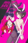  2girls absurdres alternate_costume animal_ears ass black_hair blue_eyes blush bound bound_wrists bow bowtie breasts commentary cuffed cuffs english_commentary fishnet_pantyhose fishnets hakimen hakos_baelz high_heels highres hololive hololive_english large_breasts mouse_ears mouse_girl mouse_tail multicolored_hair multiple_girls oozora_subaru pantyhose pink_background playboy_bunny rabbit_ears rabbit_hole_(vocaloid) rabbit_tail red_hair ribbon ribbon_bondage short_hair signature squiggle streaked_hair tail twitter_username upside-down virtual_youtuber vocaloid white_hair 