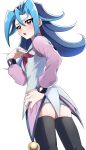  1girl absurdres black_thighhighs blue_hair blush colored_bangs commentary_request dress flipped_hair from_behind hair_between_eyes hand_on_own_hip highres jewelry kamishiro_rio long_hair long_sleeves looking_at_viewer looking_back multicolored_hair open_mouth pinyata_(pinyaland) purple_hair red_eyes ribbon ring solo thighhighs two-tone_hair white_background white_dress yu-gi-oh! yu-gi-oh!_zexal 