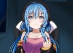  1girl absurdres blue_eyes blue_hair breasts camisole chair cleavage collarbone elie_wayne expressionless gaming_chair headset highres jacket jan_azure large_breasts middle_finger off_shoulder original pink_shirt shirt sidelocks solo upper_body window 