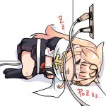  1girl :3 absurdres black_legwear black_ribbon black_serafuku black_skirt blonde_hair cable chibi closed_eyes dyson_(edaokunnsaikouya) electric_plug electric_socket hair_flaps hair_ornament hair_ribbon hairclip highres kantai_collection kneehighs long_hair neckerchief pleated_skirt red_neckwear remodel_(kantai_collection) ribbon scarf school_uniform serafuku skirt sleeping smile solo white_scarf yuudachi_(kancolle) zzz 