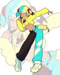  1girl asymmetrical_pants blonde_hair blue_eyes blue_hair blue_nails canari_(pokemon) commentary_request dark-skinned_female dark_skin eudetenis full_body highres jacket multicolored_hair navel pokemon pokemon_legends:_z-a solo two-tone_hair two_side_up yellow_jacket 