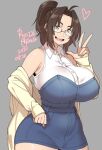  1girl agawa_ryou ahoge armpits artist_name bare_shoulders breasts brown_eyes brown_hair collared_shirt commentary cowboy_shot dated denim_dress dress english_commentary eyebrows_visible_through_hair fang glasses grey_background heart huge_breasts jacket long_hair microdress numbered ooo_ayumu original ponytail semi-rimless_eyewear shirt sidelocks simple_background sleeveless smile solo upper_teeth v white_shirt yellow_jacket 