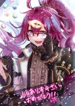  1boy ahoge black_gloves blue_eyes candy choker dorothy_(sinoalice) eyebrows_visible_through_hair food genderswap genderswap_(ftm) gloves hair_ornament hairclip happy highres idol jacket long_hair looking_at_viewer male_focus misaki_(misaki_caca) open_mouth ponytail purple_hair simple_background sinoalice solo syringe white_background 