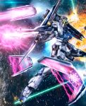  asteroid battle beam_rifle char&#039;s_counterattack commentary_request energy_gun explosion fin_funnels firing funnels green_eyes gundam highres light_particles mecha mobile_suit no_humans nu_gundam science_fiction shield solo space star_(sky) v-fin weapon youiki 