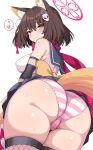  1girl absurdres animal_ear_fluff animal_ears ass blue_archive breasts brown_hair cameltoe enru eyeshadow fox_ears fox_girl fox_hair_ornament fox_tail from_behind hair_ornament halo heart highres huge_ass izuna_(blue_archive) large_breasts looking_at_viewer looking_back makeup medium_breasts panties pink_eyeshadow pink_halo pink_panties pink_scarf pom_pom_(clothes) pom_pom_hair_ornament red_halo red_scarf scarf short_hair sideboob simple_background smile solo speech_bubble spoken_heart striped_clothes striped_panties sweat tail underwear white_background yellow_eyes 