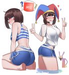  ! 1girl ? bikini bikini_under_clothes blue_bikini blue_eyes blue_shorts blush blush_stickers breasts brown_hair commentary dolphin_shorts double_v hat highres jax_(the_amazing_digital_circus) jester_cap large_breasts looking_at_viewer multicolored_eyes multiple_views overalls pomni_(the_amazing_digital_circus) red_eyes red_overalls shirt shorts small_sweatdrop striped_bikini striped_clothes swimsuit the_amazing_digital_circus ti_keep two-tone_eyes v wading water white_background white_shirt 
