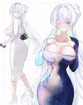  1girl ;) absurdres adapted_costume bag blue_eyes breasts cleavage colored_eyelashes dress goddess_of_victory:_nikke gurami_(zangizarang) handbag high_heels highres holding holding_bag large_breasts long_hair looking_at_viewer multiple_views nayuta_(nikke) nayuta_(wu_wei)_(nikke) one_eye_closed simple_background smile two-tone_dress unusually_open_eyes very_long_hair white_background white_dress white_eyelashes white_hair 