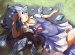  1girl absurdres arm_up blue_bow blue_dress blue_hair bow cirno collarbone dress grass hair_bow hand_on_own_forehead highres hot ice ice_wings lying medium_hair melting neck_ribbon on_back on_floor open_mouth puffy_short_sleeves puffy_sleeves red_neckwear red_ribbon ribbon sanana_e short_sleeves solo texture touhou untied water wings 