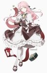  absurdres alcohol champagne champagne_bottle commentary_request commission dress gift gloves hair_ribbon highres korean_commentary long_hair looking_at_viewer mikan_(migwang) pink_hair ribbon socks white_socks 