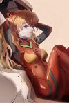 1girl absurdres arms_up blue_eyes bodysuit breasts highres legs_up long_hair looking_at_viewer medium_breasts neon_genesis_evangelion orange_hair plugsuit sanana_e shiny shiny_clothes sitting solo souryuu_asuka_langley 