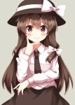  1girl alternate_hair_length alternate_hairstyle black_hat black_necktie black_skirt bow brown_eyes brown_hair closed_mouth collared_shirt commentary_request completion_time cowboy_shot grey_background hair_bow hand_on_own_chin hat hat_bow highres long_hair long_sleeves looking_at_viewer necktie ruu_(tksymkw) shirt shirt_tucked_in simple_background skirt smile solo touhou usami_renko white_bow white_shirt 