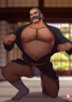  1boy absurdres arm_hair bara bare_pectorals black_eyes blurry body_hair bulge chest_hair collarbone commentary doctor_anfelo facial_hair full_body grey_hair grey_legwear hairy half-closed_eyes highres japanese_clothes kamado_(pokemon) kimono kneeling leg_hair male_focus mature_male mustache navel navel_hair nipples old old_man open_clothes open_kimono pectorals pokemon pokemon_(game) pokemon_legends:_arceus sash short_hair sideburns socks solo spread_legs stomach thighs tied_hair tiptoes 