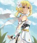  1girl arms_behind_back bare_back blonde_hair blue_sky blurry cloud cloudy_sky depth_of_field detached_sleeves dress flower from_side genshin_impact grass hair_flower hair_ornament looking_to_the_side lumine_(genshin_impact) neko8suko parted_lips short_hair_with_long_locks sky solo white_dress wind yellow_eyes 