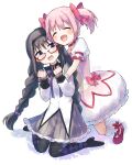  2girls akemi_homura asukaru_(magika_ru) black_hair gloves hairband highres kaname_madoka long_hair magical_girl mahou_shoujo_madoka_magica multiple_girls open_mouth pink_eyes pink_hair purple_eyes ribbon short_hair short_twintails smile twintails white_gloves white_legwear 