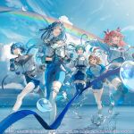  5girls asymmetrical_legwear blue_eyes blue_gloves blue_hair blue_shorts blue_sky blue_thighhighs brown_eyes brown_hair closed_mouth commentary_request gloves hair_between_eyes hair_ornament hanasato_minori hatsune_miku highres hinomori_shizuku ishida_tatsuki jacket jumping kiritani_haruka long_hair midriff momoi_airi more_more_jump!_(project_sekai) more_more_jump!_miku multiple_girls navel one_eye_closed open_mouth project_sekai rainbow red_eyes red_hair running shorts sky smile stomach thighhighs twintails water white_jacket 