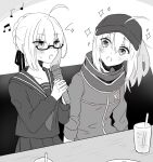  2girls ahoge artoria_pendragon_(fate) baseball_cap beamed_eighth_notes blaulilie110 braid commentary_request cup drinking_straw eighth_note fate/grand_order fate_(series) glasses greyscale hair_through_headwear hat holding holding_microphone jacket microphone monochrome multiple_girls musical_note mysterious_heroine_x_(fate) mysterious_heroine_x_alter_(fate) ponytail quarter_note school_uniform serafuku sitting sparkle 