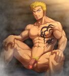  1boy abs bara blonde_hair censored chest_tattoo completely_nude f-una fairy_tail flaccid laxus_dreyar looking_at_viewer male_focus male_pubic_hair mashima_hiro mosaic_censoring muscular muscular_male navel navel_hair nipples nude pectorals penis pubic_hair sauna short_hair sideburns smile solo spread_legs steam stomach tattoo thick_thighs thighs 