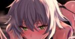  1girl :&gt;= all_fours ass black_panties blush condom eyebrows_visible_through_hair fate/apocrypha fate_(series) green_eyes grey_hair hair_between_eyes implied_fellatio jack_the_ripper_(fate/apocrypha) looking_at_viewer out-of-frame_censoring panties sanpaku short_hair shoulder_tattoo solo sweatdrop tattoo tears ulrich_(tagaragakuin) underwear used_condom 