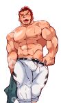  1boy abs absurdres akashi_(live_a_hero) bara belt bulge clothes_pull facial_hair goatee gradient_hair highres holding holding_clothes holding_shirt kizami_nori_to_yamaimo large_pectorals live_a_hero long_sideburns male_focus multicolored_hair muscular muscular_male navel nipples official_alternate_costume pants pants_pull pants_rolled_up pectorals red_hair shirt shirt_removed shirtless short_hair sideburns solo stomach sweat thick_eyebrows thick_thighs thighs veins white_pants 