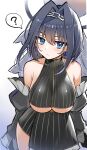  1girl ? bare_shoulders blue_eyes blue_hair breasts crop_top detached_sleeves earrings eyebrows_visible_through_hair hair_intakes highres hololive hololive_english jewelry kaworu_(1030) large_breasts ouro_kronii short_hair simple_background solo underboob virtual_youtuber white_background zipper 