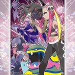  1girl alolan_muk aqua_eyes artist_name balancing_on_finger black_eyeshadow black_pants black_shirt blonde_hair blue_eyes colored_sclera commentary company_name copyright_notice crobat dark-skinned_female dark_skin english_commentary eyelashes eyeshadow from_side gengar hair_ornament hand_on_own_hip instagram_username jewelry makeup merchandise_available midriff multicolored_hair naganadel navel necklace official_style open_mouth outline pants pink_hair plumeria_(pokemon) poke_ball poke_ball_(basic) pokemon pokemon_(creature) pokemon_sm pokemon_team quad_tails red_eyes salazzle shirt short_hair_with_long_locks smile spikes standing stomach_tattoo tattoo team_skull teeth tom_higgins tongue tongue_out toxapex two-tone_hair v-shaped_eyebrows v-shaped_eyes watermark white_eyeshadow white_outline yellow_eyes yellow_sclera 