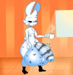 anthro ball_markings balls clothing container cup footwear genital_markings genitals hi_res kiss_mark lagomorph leporid lok_bunny lokbunny17 male mammal markings penis penis_markings rabbit socks solo white_body