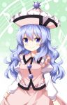  1girl alternate_hair_length alternate_hairstyle blue_background blue_eyes blue_hair blush closed_mouth collared_vest commentary_request completion_time cowboy_shot dot_nose frilled_shirt_collar frills gradient_background hair_between_eyes hat highres juliet_sleeves long_hair long_sleeves looking_at_viewer merlin_prismriver musical_note musical_staff pink_hat pink_skirt pink_vest puffy_sleeves ruu_(tksymkw) simple_background skirt skirt_set smile solo touhou vest 