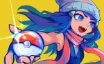  1girl :d bare_arms beanie black_shirt blue_hair commentary_request dawn_(pokemon) eyelashes floating_hair glint grey_eyes hair_ornament hairclip hat holding holding_poke_ball long_hair open_mouth poke_ball poke_ball_(basic) pokemon pokemon_(game) pokemon_dppt scarf shirt signature simple_background sleeveless sleeveless_shirt smile solo tongue upper_body upper_teeth white_headwear yellow_background yonaga_story 
