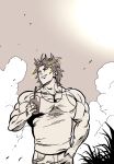  1boy blank_eyes bubble_tea cloud commentary_request cup grass hand_in_pocket highres holding holding_cup kyouki_sanmyaku_~jashin_no_itadaki~ lee_(dragon_garou) male_focus muscular muscular_male napoli_no_otokotachi pectoral_cleavage pectorals sepia solo sugiyama_tetsushin tank_top upper_body 
