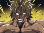  1boy blank_eyes blonde_hair broly_(dragon_ball_z) collarbone commentary_request dragon_ball dragon_ball_z hatching_(texture) highres kyouki_sanmyaku_~jashin_no_itadaki~ lee_(dragon_garou) male_focus muscular muscular_male napoli_no_otokotachi open_mouth parody portrait smile solo sugiyama_tetsushin veins yellow_background 