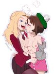  2girls artist_name asymmetrical_docking blonde_hair blue_eyes blush bob_cut breast_press breasts brown_eyes brown_hair brown_skirt buttons cardigan collarbone commentary dress eye_contact french_kiss gloria_(pokemon) green_headwear grey_cardigan half-closed_eyes hand_under_clothes hat jacket kiss lass_(pokemon) long_hair looking_at_another medium_breasts multiple_girls necktie nipples open_clothes open_mouth open_shirt pantyhose pink_dress pleated_skirt pokemon pokemon_(game) pokemon_swsh red_jacket saliva saliva_trail shirt short_hair skirt sooperman sweat tam_o&#039;_shanter tongue tongue_out white_shirt yuri 