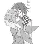  1boy 1girl arms_around_neck bangs blush blush_stickers checkered checkered_neckwear checkered_scarf closed_eyes commentary danganronpa_(series) danganronpa_v3:_killing_harmony from_side greyscale hair_between_eyes hat hat_removed headwear_removed heart hetero holding holding_clothes holding_hat jacket jingle_(mhb729) long_sleeves monochrome ouma_kokichi profile scarf shiny shiny_hair short_hair simple_background upper_body yumeno_himiko 