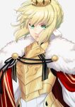  1girl ahoge armor artoria_pendragon_(fate) blonde_hair braid breastplate breasts bun_with_braided_base cape chi_wa cloak commentary_request crown fate/grand_order fate_(series) fur-trimmed_cape fur-trimmed_cloak fur_trim gold_armor green_eyes highres looking_at_viewer lord_logres_(fate) parted_lips red_cape red_cloak short_hair simple_background solo white_background 