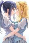  2girls blonde_hair blouse blue_neckwear breast_press closed_mouth eye_contact forehead-to-forehead from_side grey_sailor_collar grey_skirt hair_rings hand_on_another&#039;s_waist heads_together highres hug long_hair looking_at_another love_live! love_live!_sunshine!! matsuura_kanan multiple_girls mutual_hug noses_touching ohara_mari ponytail profile purple_eyes purple_hair sailor_collar school_uniform serafuku short_sleeves simple_background skirt smile symmetrical_docking white_background white_blouse yellow_eyes yuri zattape 