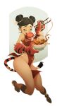  1girl animal_hands bare_legs black_hair breasts closed_eyes double_bun dress eating egg fang fang_out food full_body highres impossible_clothes impossible_dress kim_san medium_breasts noodles original panty_straps pelvic_curtain ramen simple_background solo tail tiger_girl tiger_paws tiger_tail white_background 