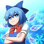  1girl bangs blue_background blue_bow blue_dress blue_eyes blue_hair bow bowtie cirno closed_mouth crossed_arms dress eyebrows_visible_through_hair gradient gradient_background hair_between_eyes hoshii_1213 ice ice_wings jaggy_line looking_to_the_side looking_up puffy_short_sleeves puffy_sleeves red_bow red_neckwear shirt short_hair short_sleeves smile snowflakes solo touhou white_background white_shirt wings 