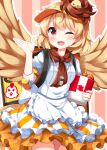  1girl ;d apron blonde_hair blush bucket_of_chicken chicken_(food) commentary_request completion_time cowboy_shot dress food frilled_apron frills hand_up hat highres holding looking_at_viewer multicolored_hair niwatari_kutaka niwatari_kutaka_(crispy_chicken_delivery) one_eye_closed open_mouth outline red_background red_eyes red_hair ruu_(tksymkw) short_hair short_sleeves smile solo striped_background touhou touhou_lostword two-tone_hair visor_cap white_apron white_outline yellow_dress yellow_hat yellow_wings 