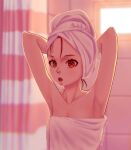  1girl armpits arms_up blurry chromatic_aberration depth_of_field flat_chest frostiii grey_hair highres hololive hololive_indonesia kureiji_ollie multicolored_hair naked_towel olivia_(kureiji_ollie) open_mouth red_eyes red_hair shower_curtain solo towel towel_on_head twitter_username upper_body virtual_youtuber window 