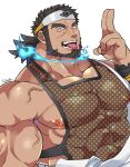  1boy abs bara bare_pectorals beard black_hair blue_fire dark-skinned_male dark_skin facial_hair fire fishnet_top fishnets forehead_protector forked_eyebrows highres large_pectorals looking_at_viewer male_focus mature_male muscular muscular_male ninja nipples pectorals sandayu_(tokyo_houkago_summoners) scar scar_on_cheek scar_on_face see-through short_hair solo stomach tank_top tied_hair tokyo_houkago_summoners tongue tongue_out upper_body veins xxx13 