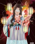  1boy absurdres artist_name blindfold covered_eyes flower highres holding holding_flower jade_pendant kass_10000 lamp light_smile long_hair mo_dao_zu_shi solo vietnamese_clothes vietnamese_dress white_blindfold xiao_xingchen 