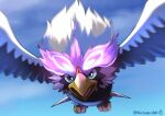 absurdres bird blurry cloud commentary_request day flying glowing highres hisuian_braviary hisuian_form no_humans open_mouth outdoors pokemon pokemon_(creature) sky solo tongue watagashikn 